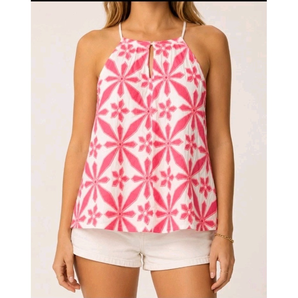Skies Are Blue Blouse Womens M Pink White Embroidered‎ Floral Halter Tank